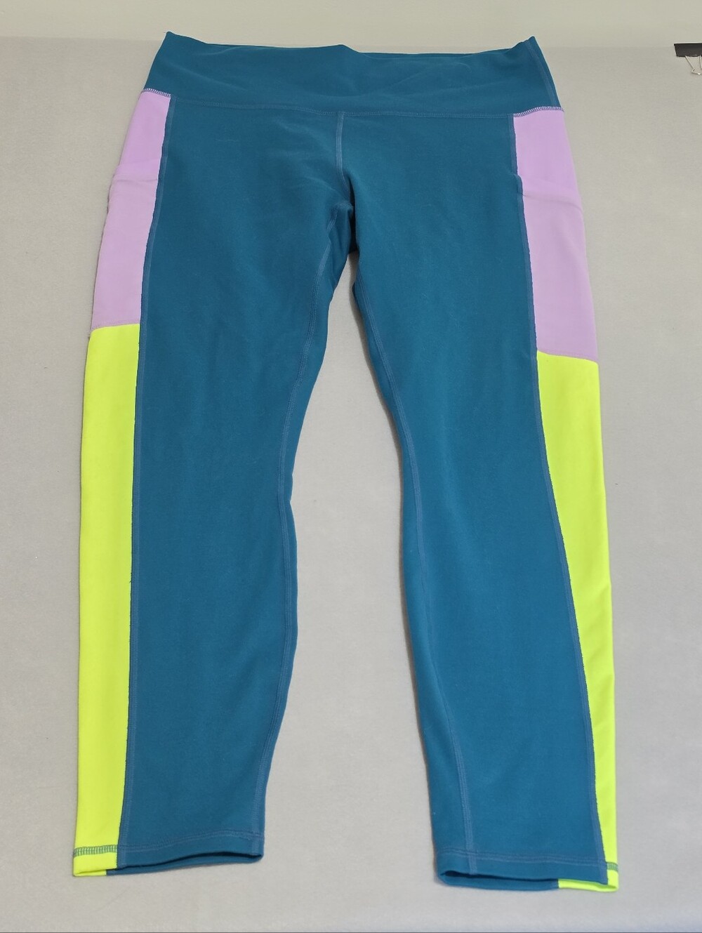 Fabletics PowerHold Colorblock Leggings Teal Purple Neon Yellow Women’s L